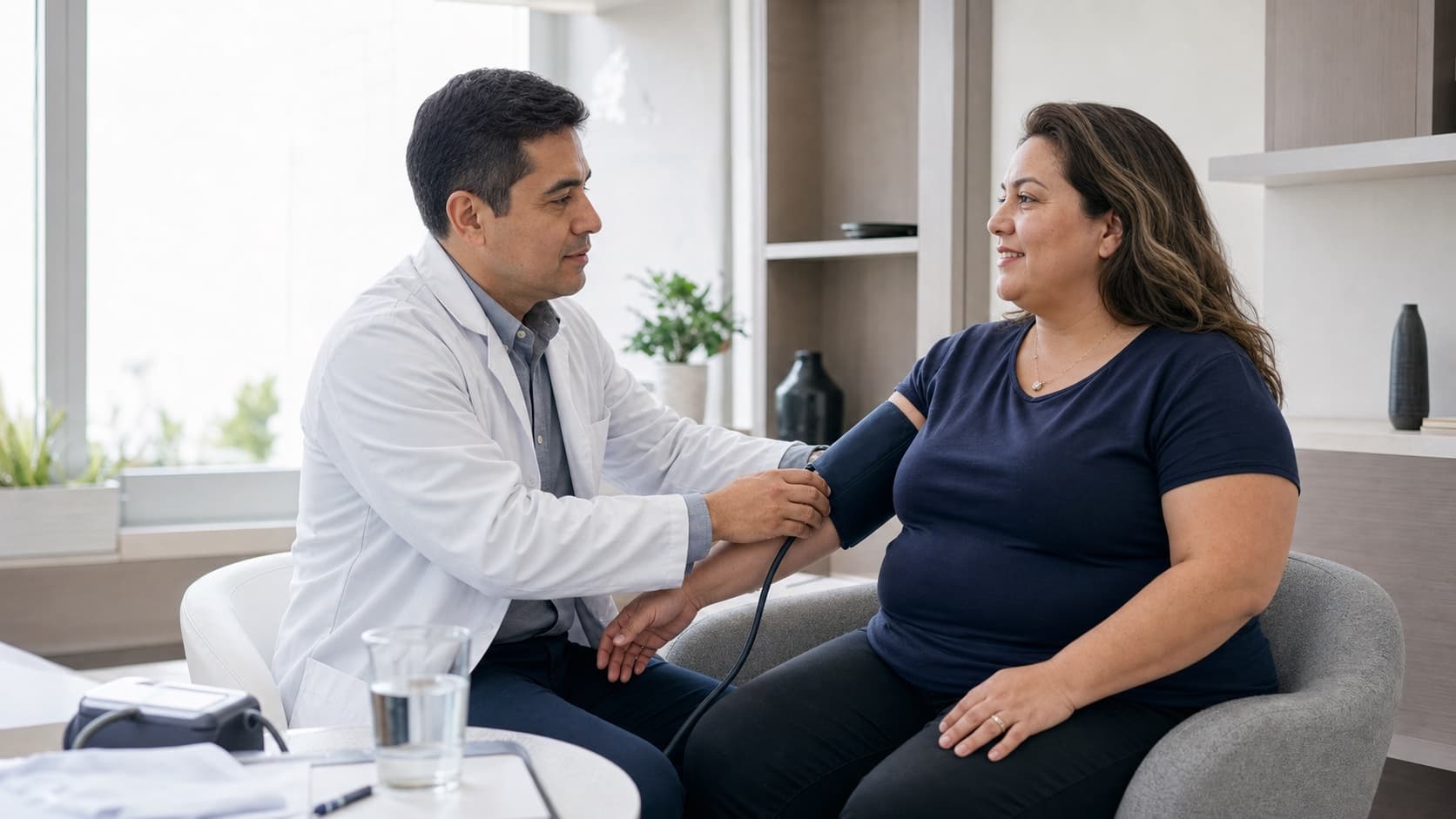 Plus-size Latina professional receives a blood pressure assessment through a workplace wellness program